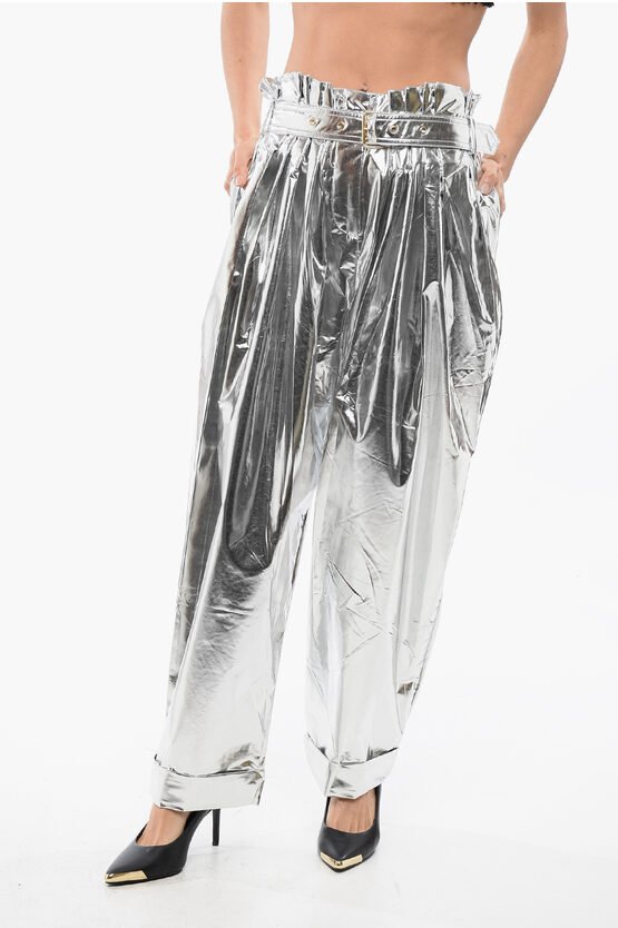 Plissee High Waist Baggy-Fit Hose Metallic-Effekt in Silber