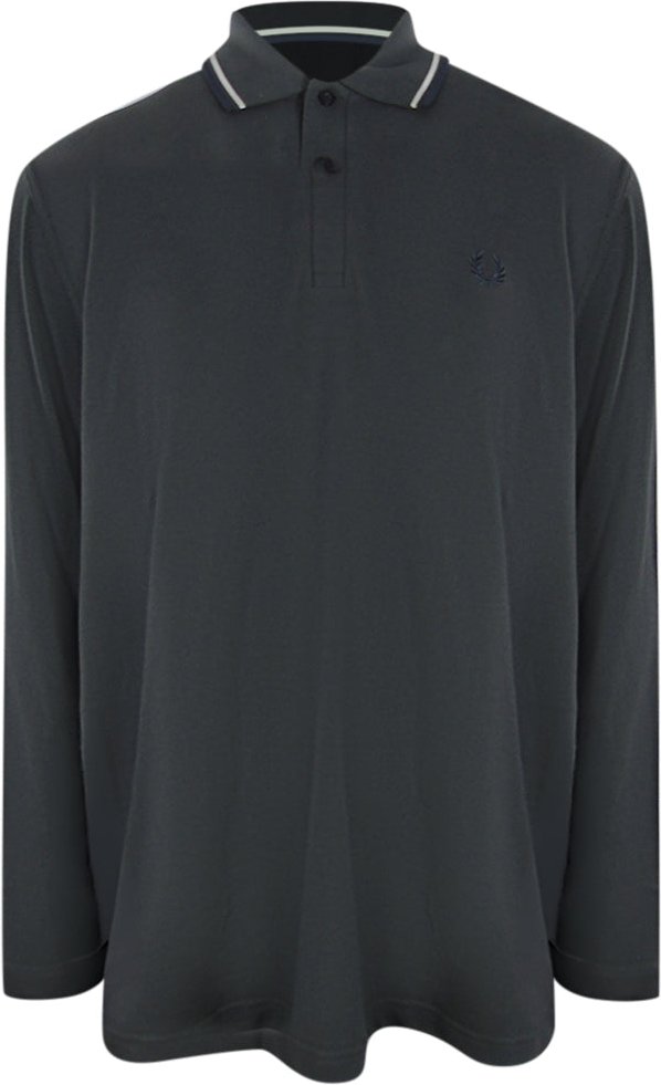 Fred Perry Weißes Poloshirt Mit Zweifarbigem Kragen In Gunmetal-grau Mit Langen Ärmeln