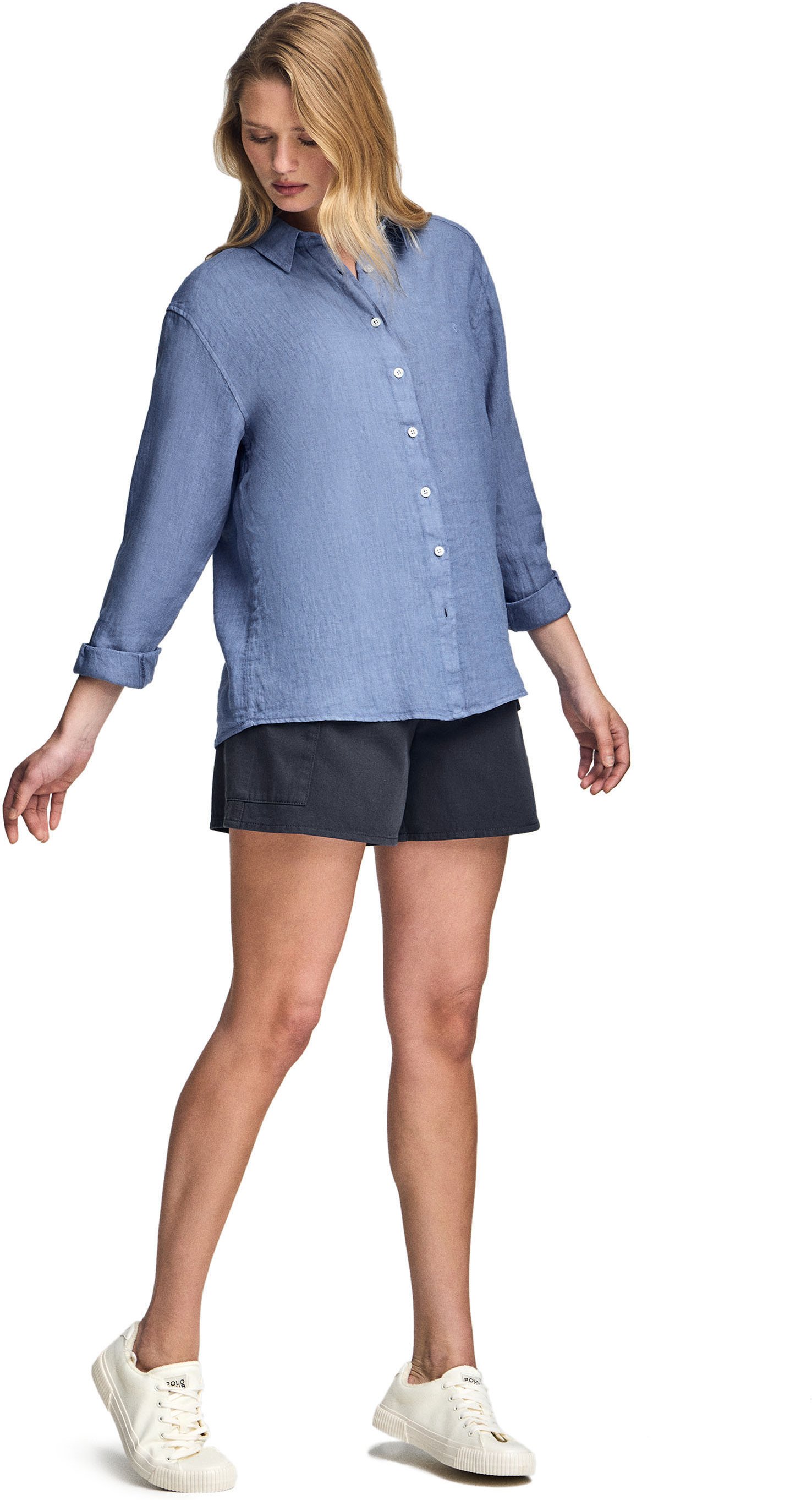 Leinenhemd Garment Dye königsblau mit gesticktem Monogramm