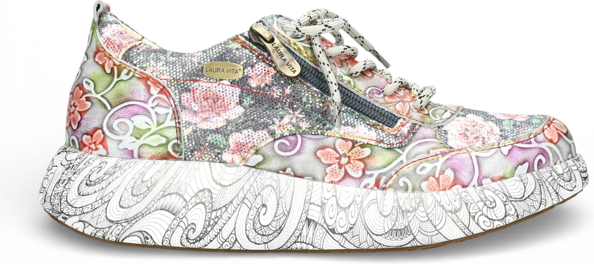 Laura Vita Damen-Sneaker Nikito 62, graues Leder mit Blumenmuster, Plateau-Sohle