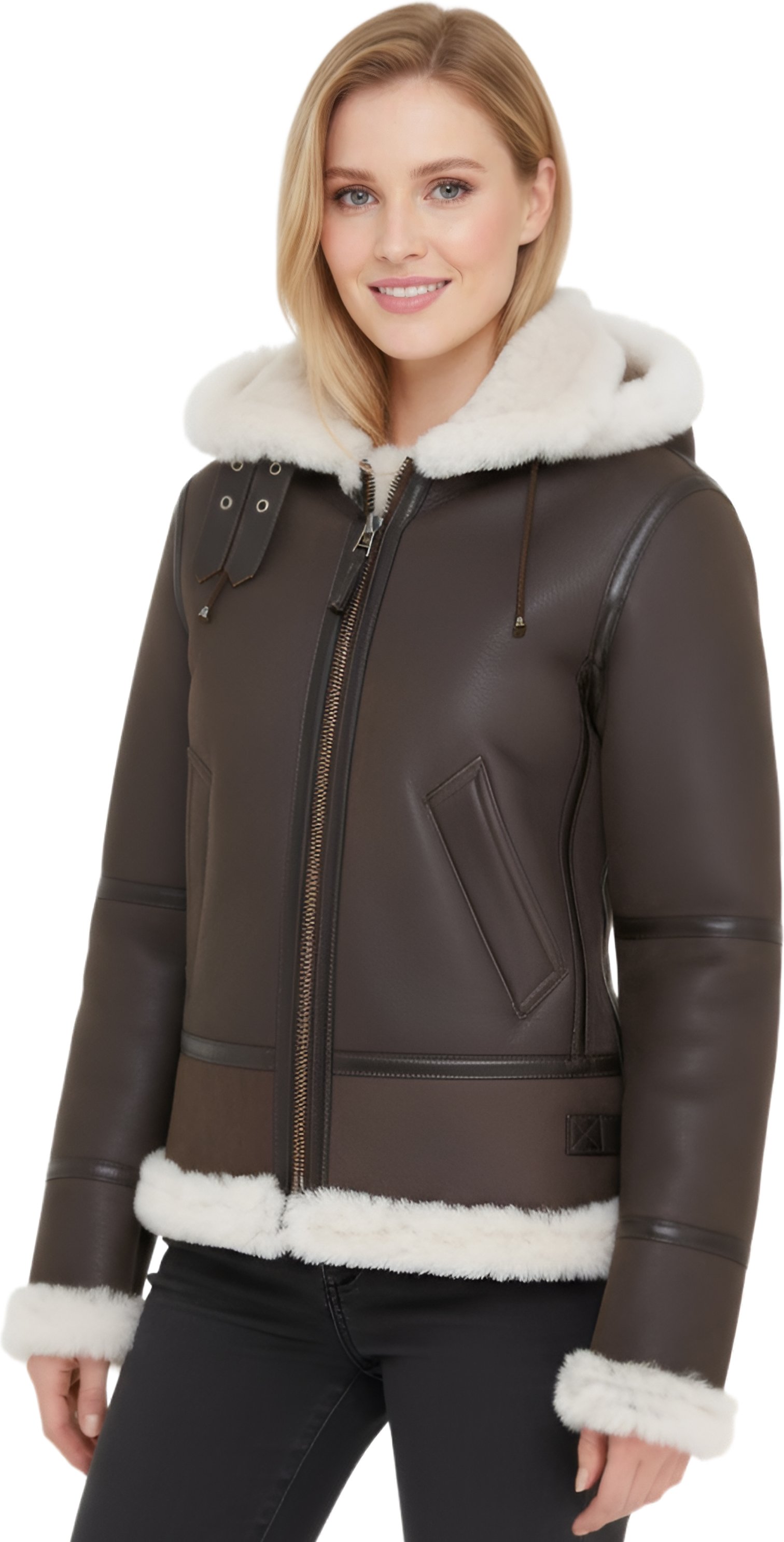 Damen Creck Braune Schaffell-Fliegerjacke mit Kapuze - Orford