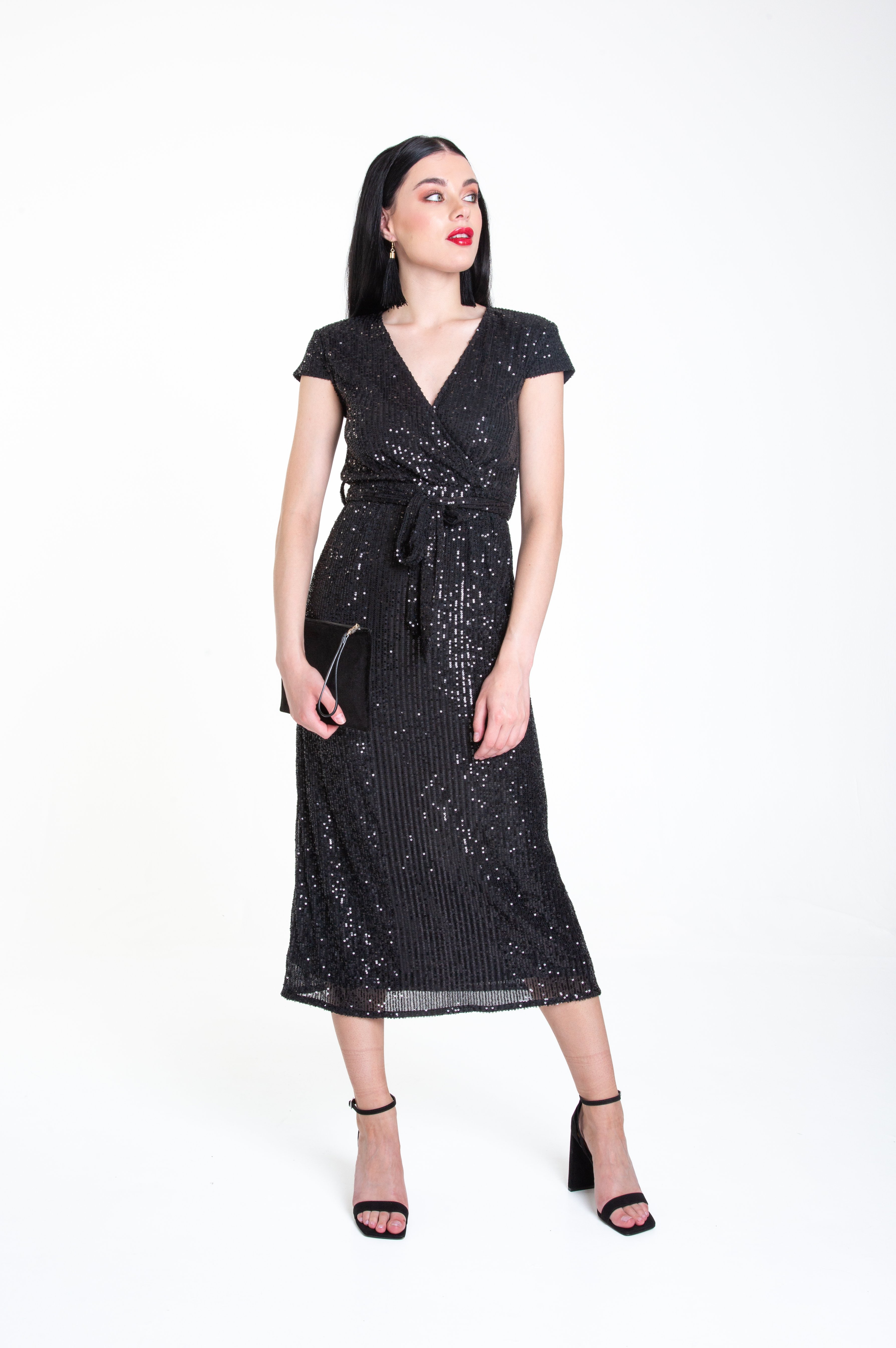 Midi-Wickelkleid mit Paillettengürtel