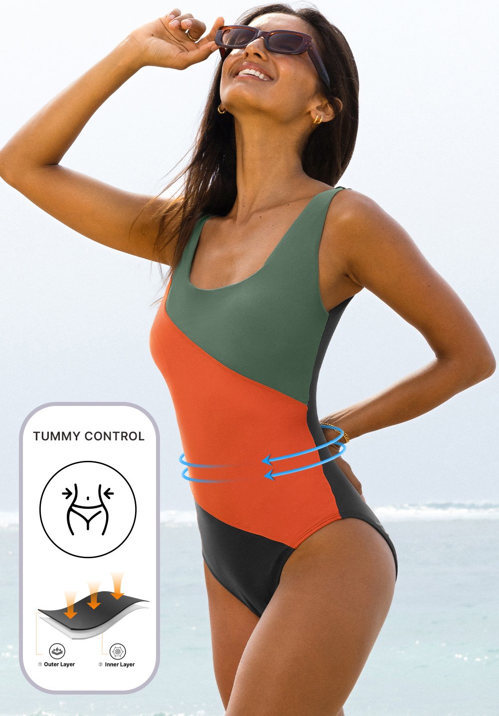 Farbenblockierter Einteiler Badeanzug mit Bauchkontrolle
