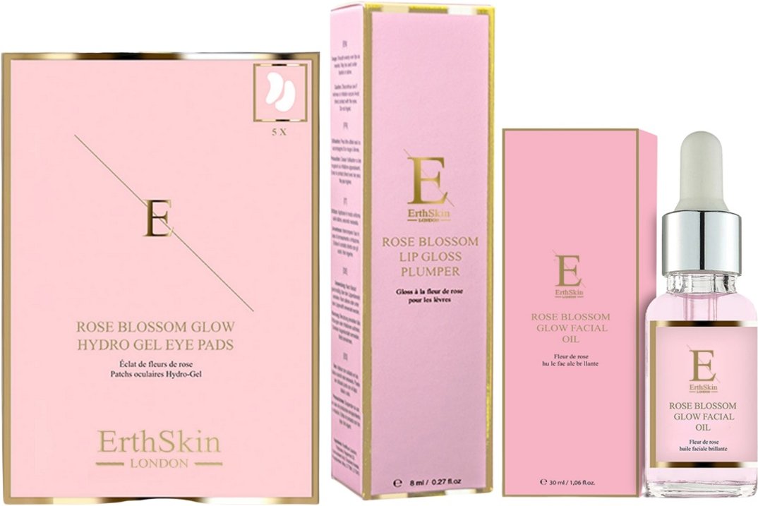 ROSE BLOSSOM GLOW GESICHTSOEL 30ML + ROSE BLOSSOM GLOW HYDRO-GEL AUGENPADS 5 X 2 + Rose Blossom Lip Gloss Plumper 8ml