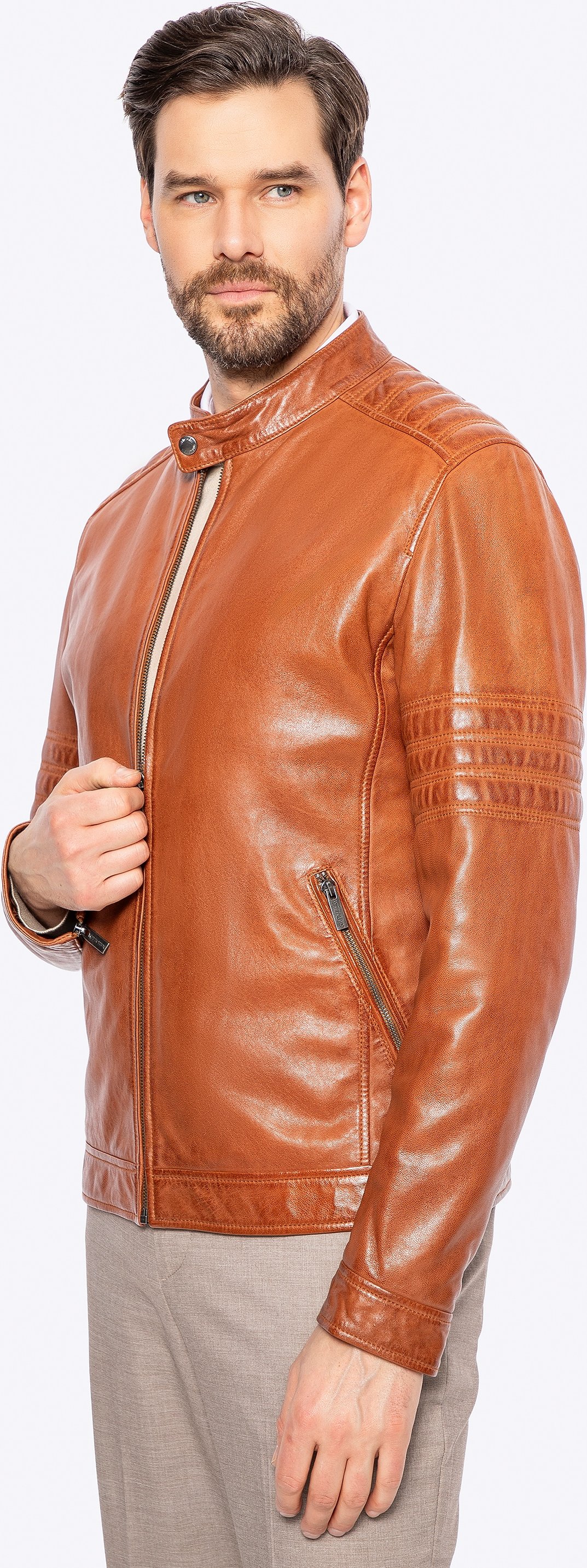 Wittchen Herren-Bikerjacke aus Leder mit Ziernähten, Hellbraun, Naturleder