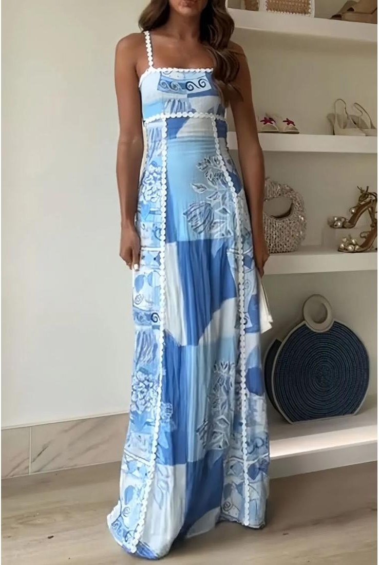 Damen Cutout Rücken Bedrucktes Quadrat-Ausschnitt Maxi-Kleid