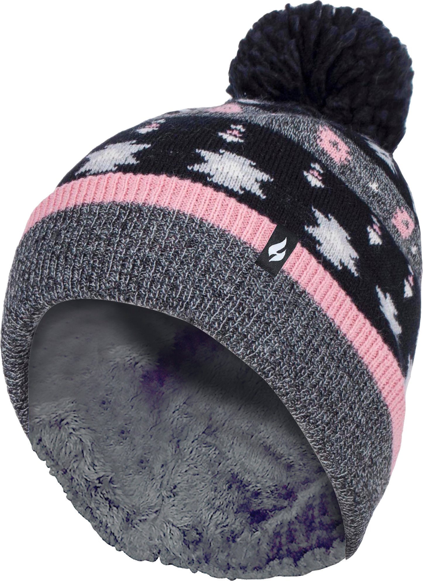 Heat Holders - Ladies Warm Knit Fleece gefüttert Winter Warm Hat mit Pom Pom - Grau / Schwarz
