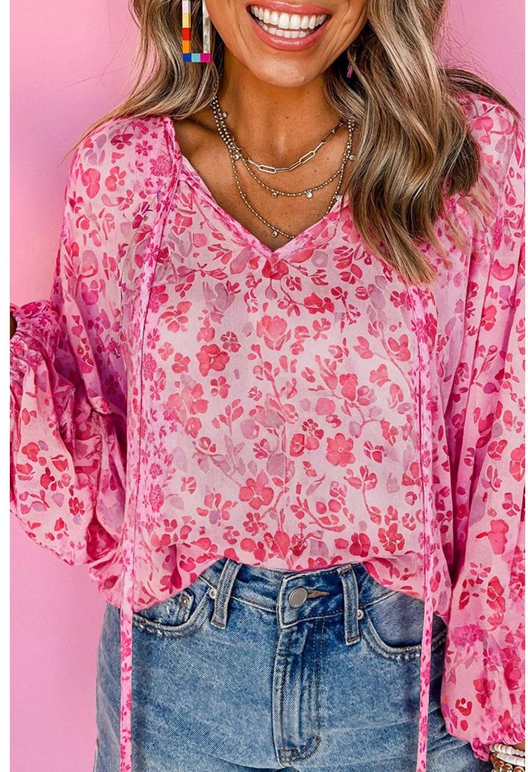 Blumenmuster Langarm V-Ausschnitt Lässige Bluse Vielseitiger Stil