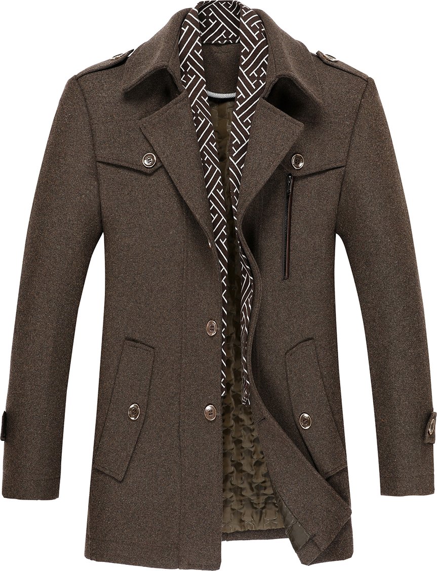 Herren Winter Verdickter Einfarbiger Revers Lässiger Wollmantel mit Gestreiftem Kragen Kamelbraun