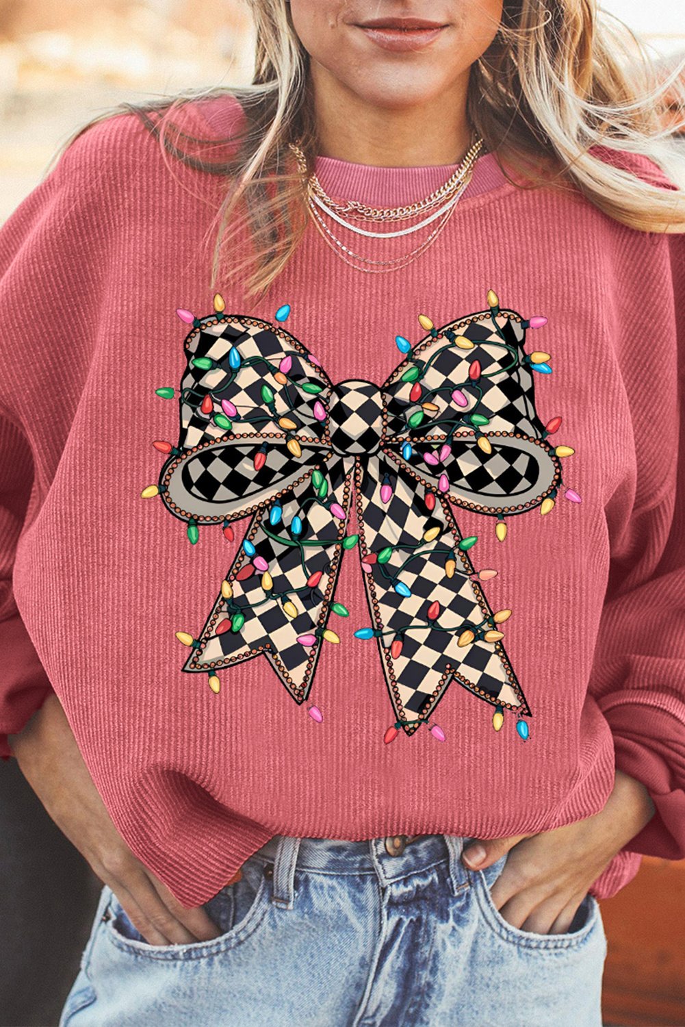 Gerippter Pullover mit Weihnachtsband