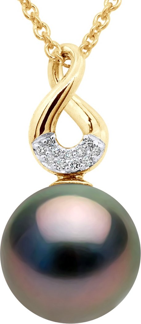Anhänger Acht Diamanten 0,03 ct – Qualität HSI – Gelbgold – echte Tahiti-Zuchtperle, rund 9–9 mm