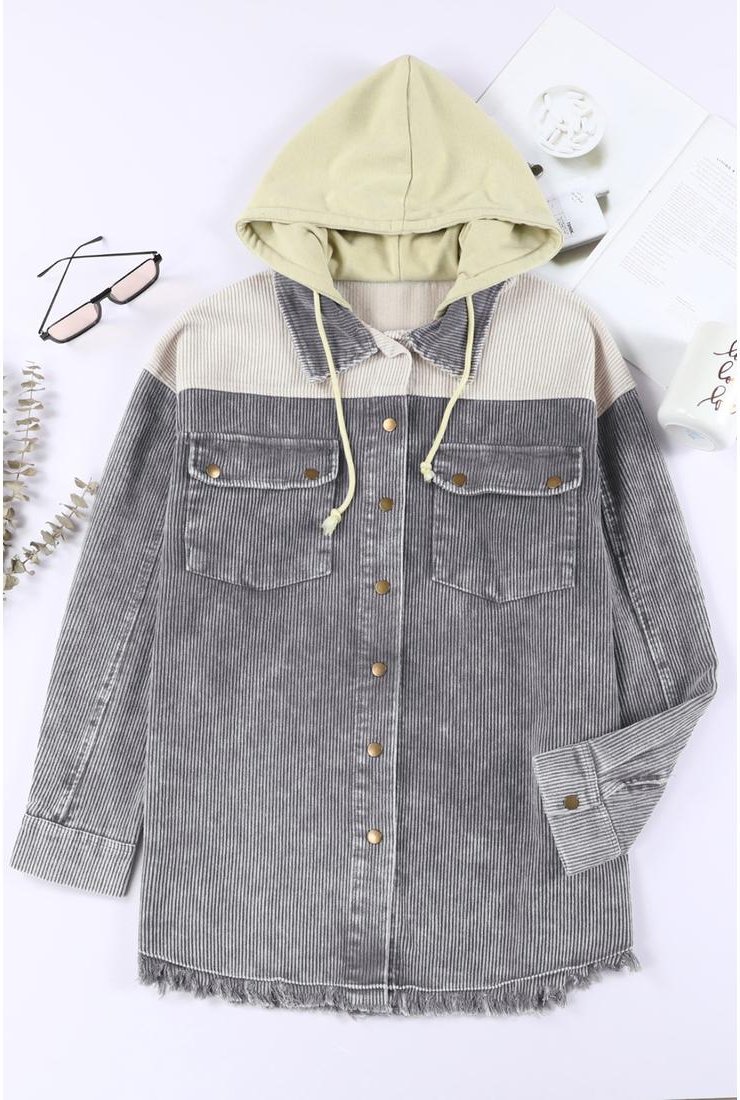 Thumbnail - Azura Exchange Damen Cordjacke mit Knopfleiste und Kapuze in Grau
