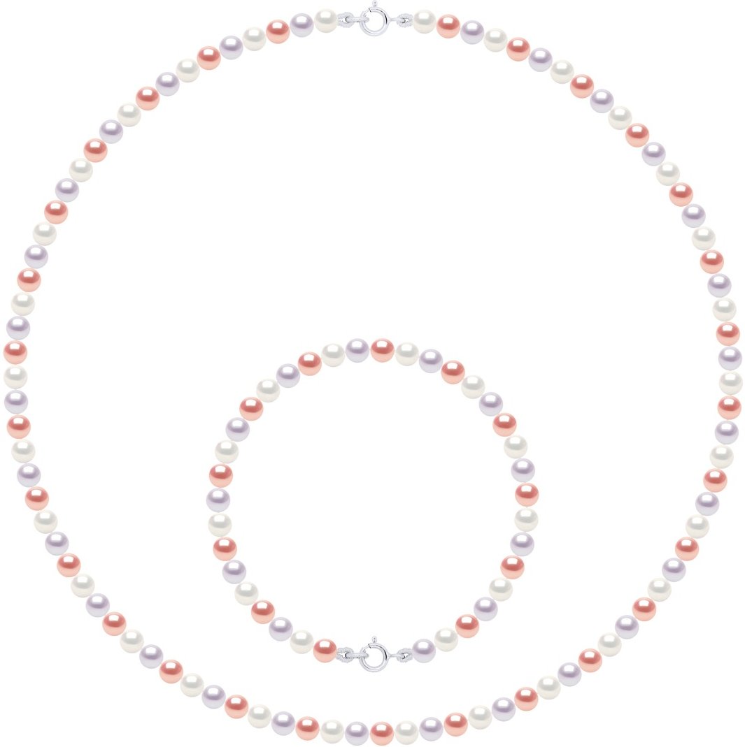 Das Set Halskette/Armband besteht aus: Halskette aus echten Süßwasser-Zuchtperlen, rund 4–5 mm