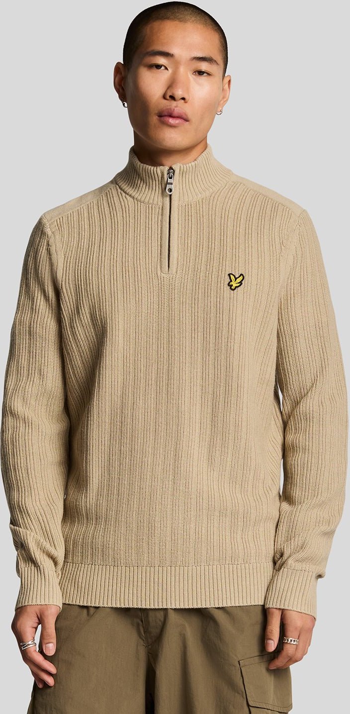 Lyle & Scott – Gerippter Pullover mit 1/4-Reißverschluss – Weiß