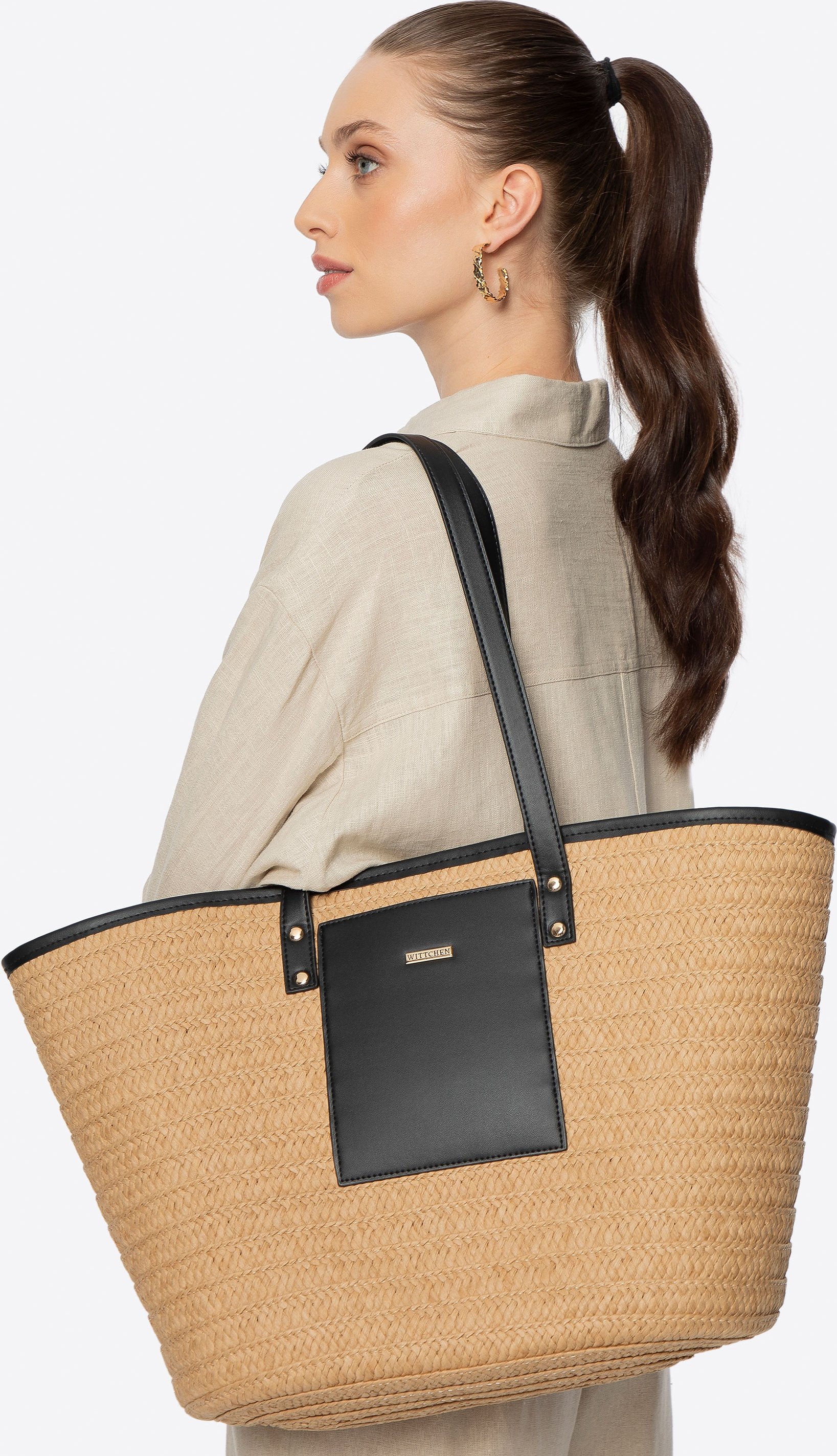 Wittchen Damenkorb aus Weide und Kunstleder, beige und schwarz, Papierstroh
