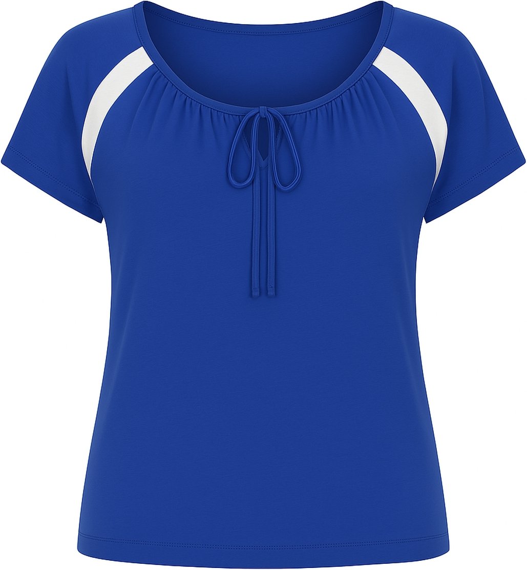 Blaues Conquista-Oberteil mit kontrastierendem Einsatz und Bindedetail und kurzen Ärmeln