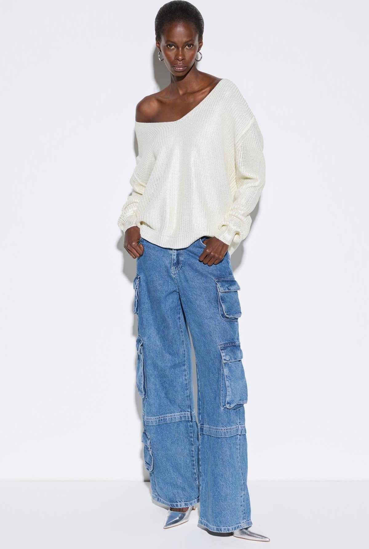 V-Ausschnitt Folien-Print Strickpullover