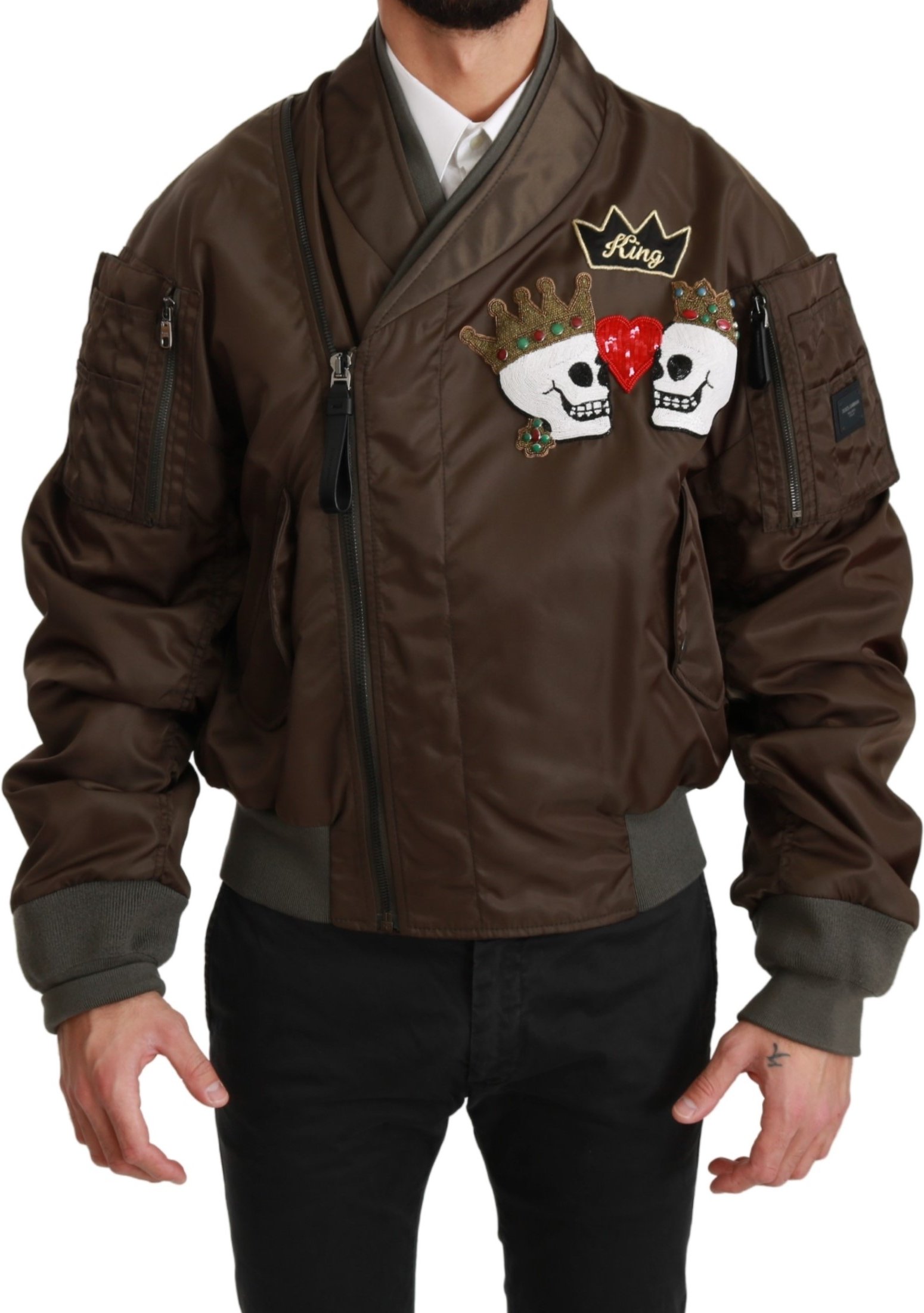 Dolce & Gabbana Braun Perlen Krone Schädel Applique Logo Jacke