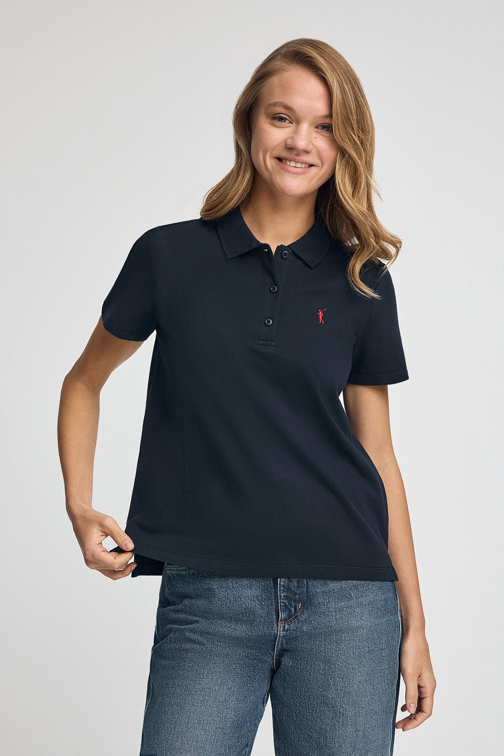 Poloshirt marineblau mit kurzen Ärmeln und gesticktem Rigby Go-Logo