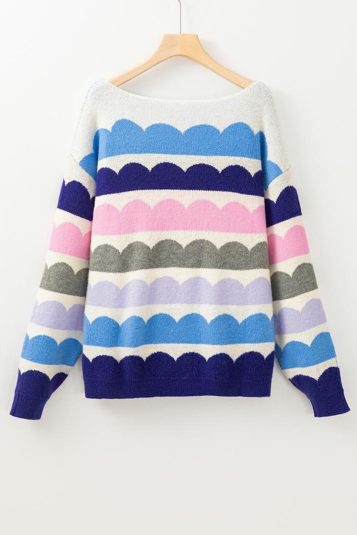 Thumbnail - Azura Exchange Dunkelblaue Wellenstreifen Ballonärmel Drop-Shoulder Pullover