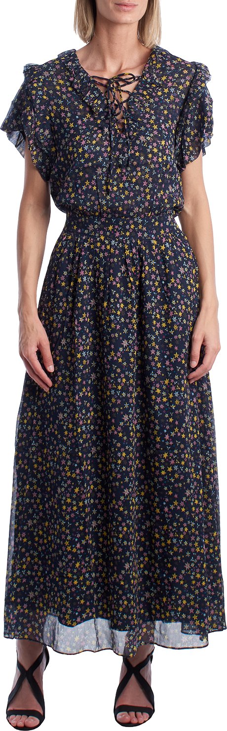 Langes Damenkleid mit Schleifenausschnitt und Rüschen WJCF0402F