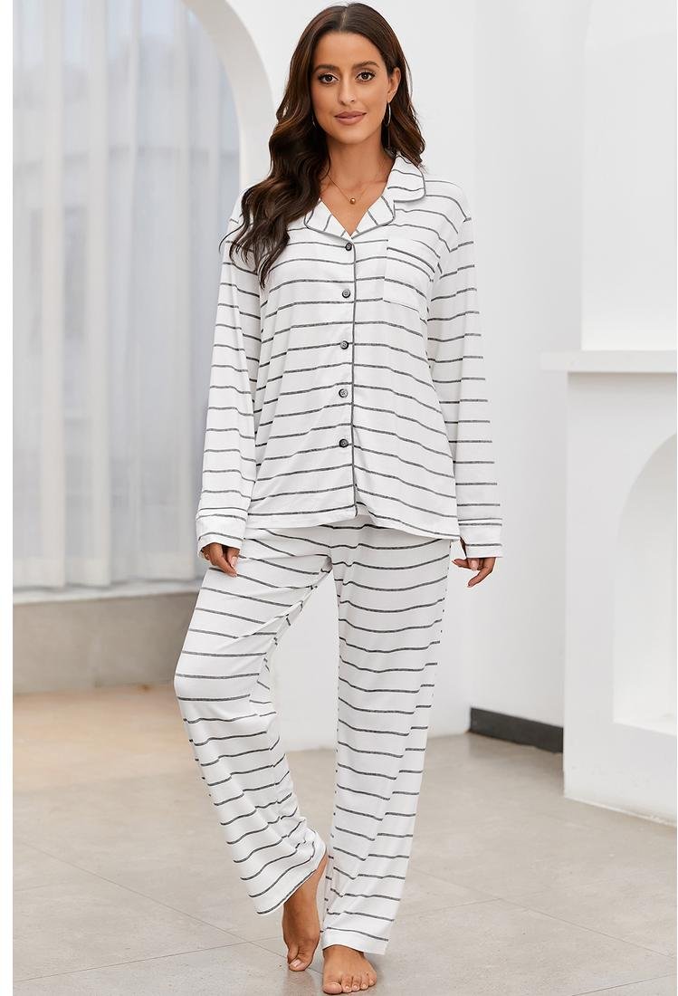 Gestreiftes Langarm-Oberteil und -Hose mit V-Ausschnitt Lounge-Set