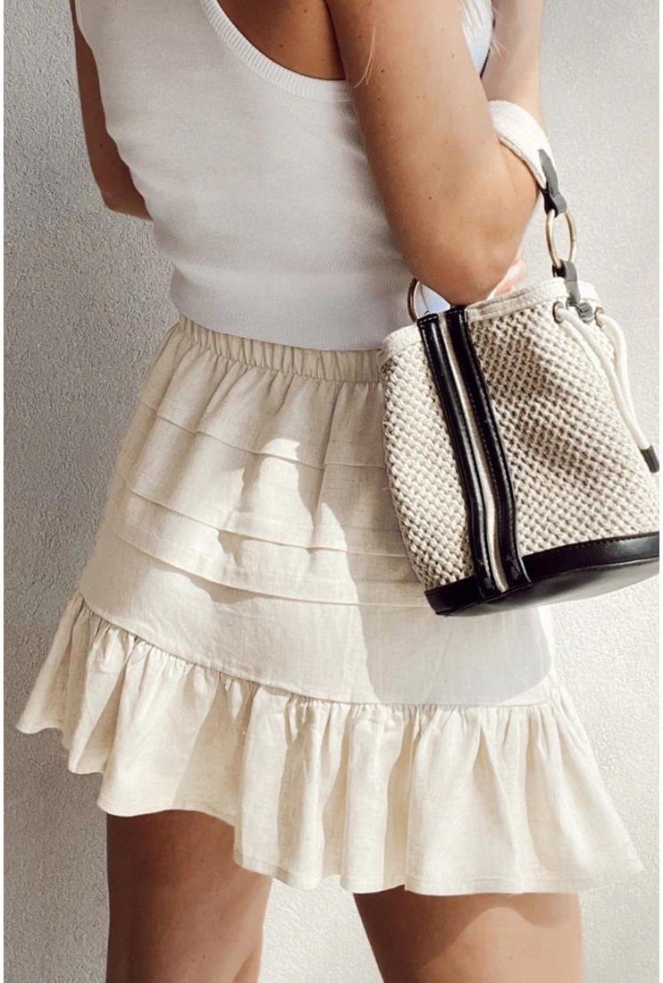 Beige gestufter Minirock mit Rüschensaum und elastischem Bund