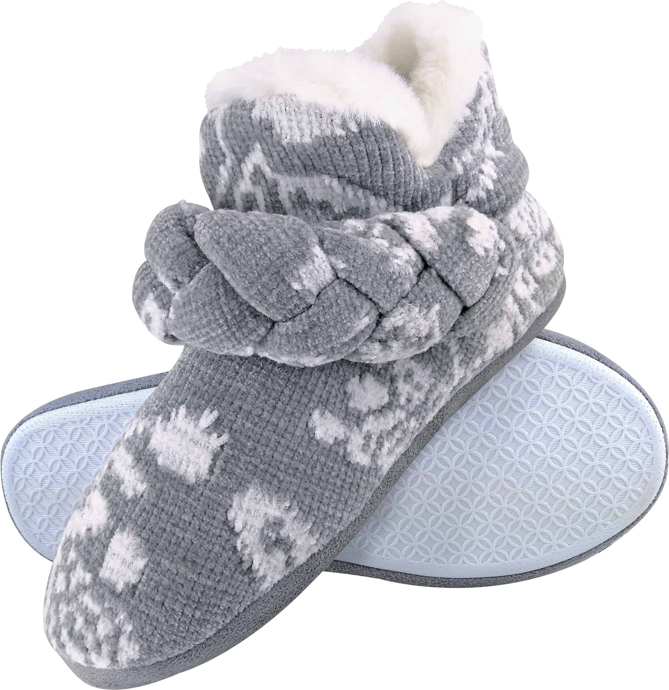 Dunlop - Damen gestrickt warmen Fleece Plüsch Hausschuhe Stiefel / Stiefeletten in Grau Fairisle und Rosa Cord Styles