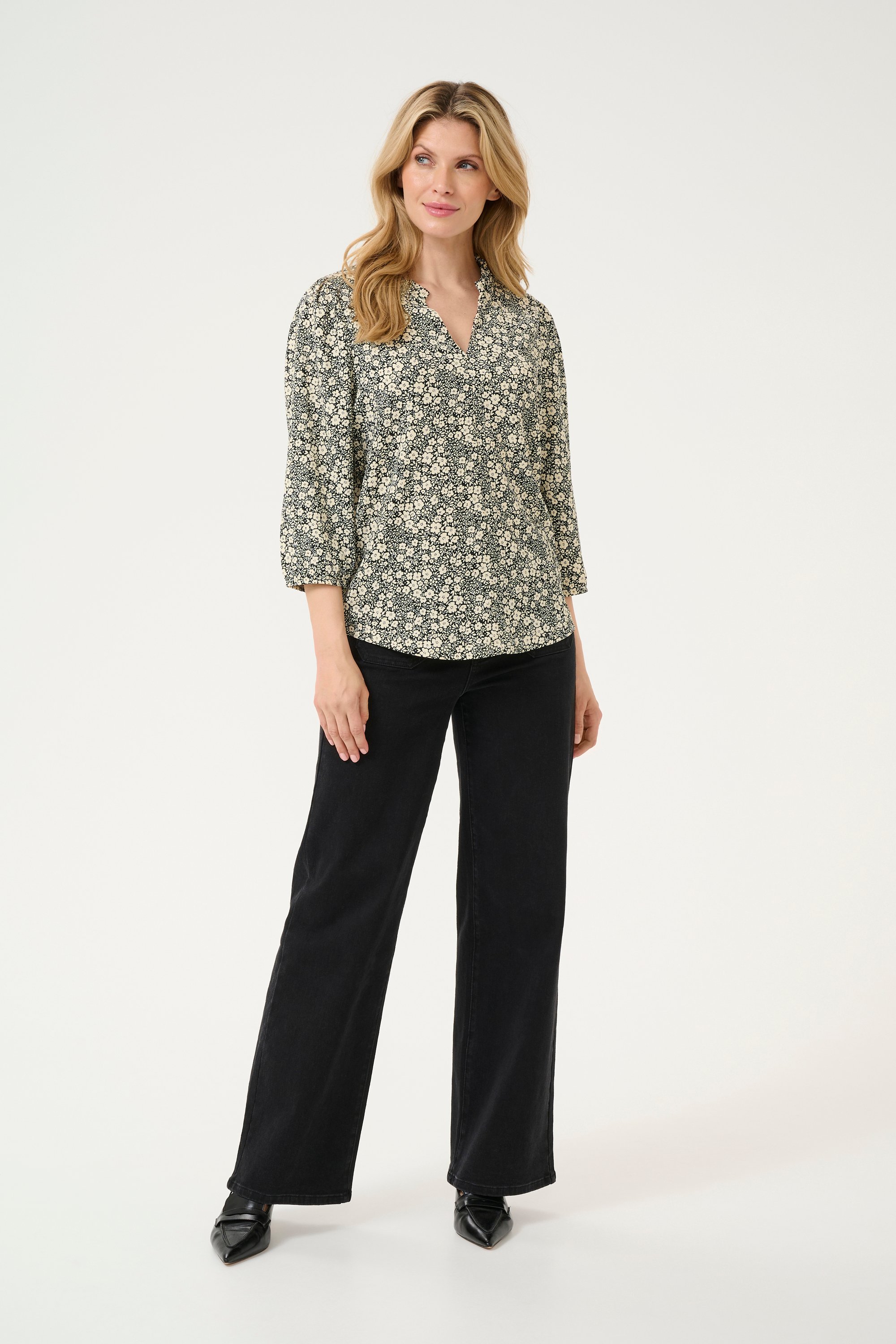 Langarm-Bluse Regular fit Black/White Flower Print floral