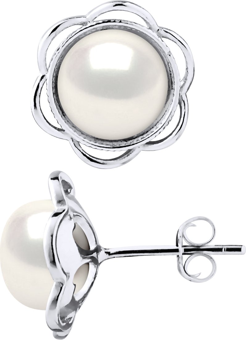 Ohrstecker FLOWER Süßwasserperlen Knöpfe 8-9mm Weiß 925