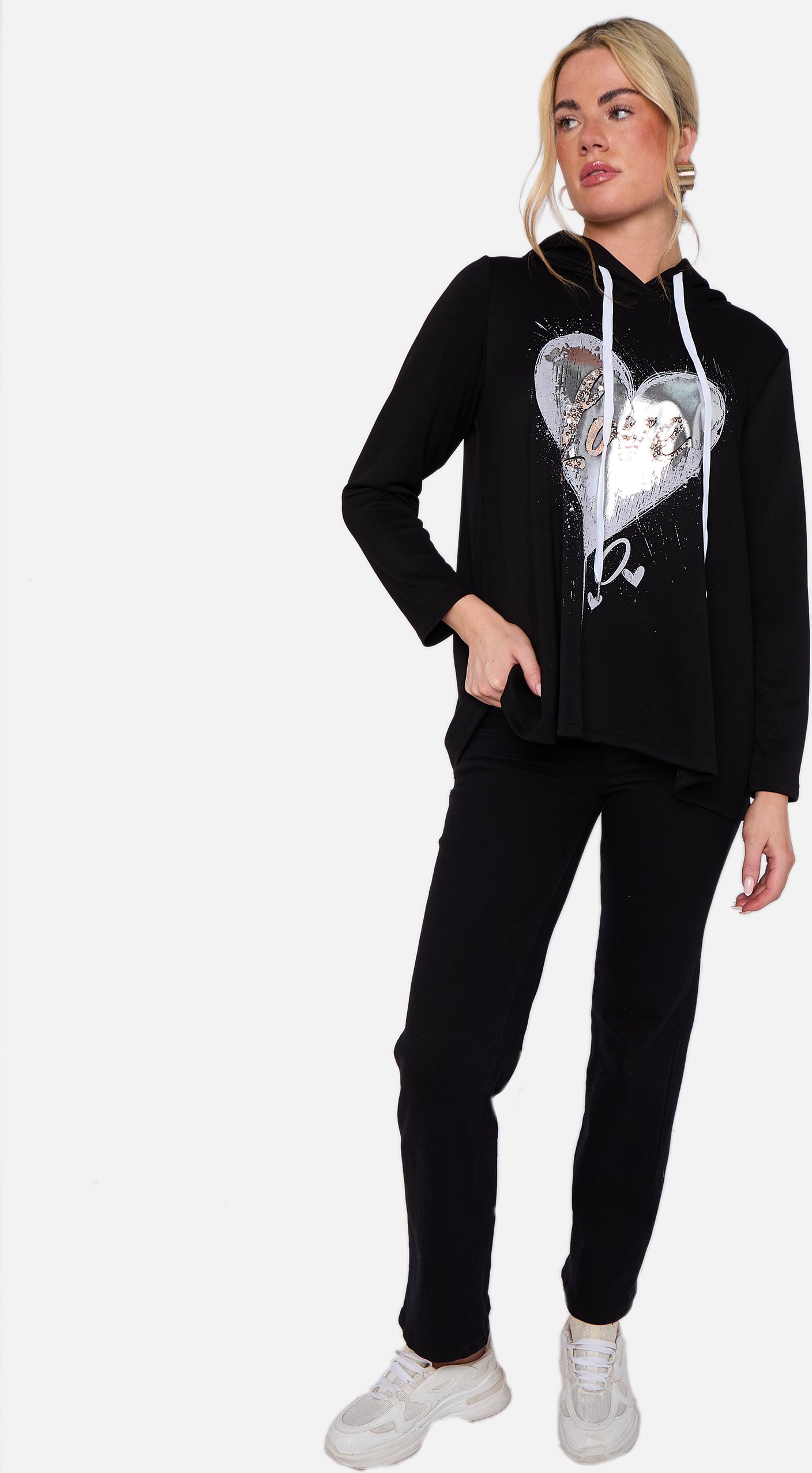 Schwarzes Herz mit Kapuze Übergroßes A-Linie Langes Top