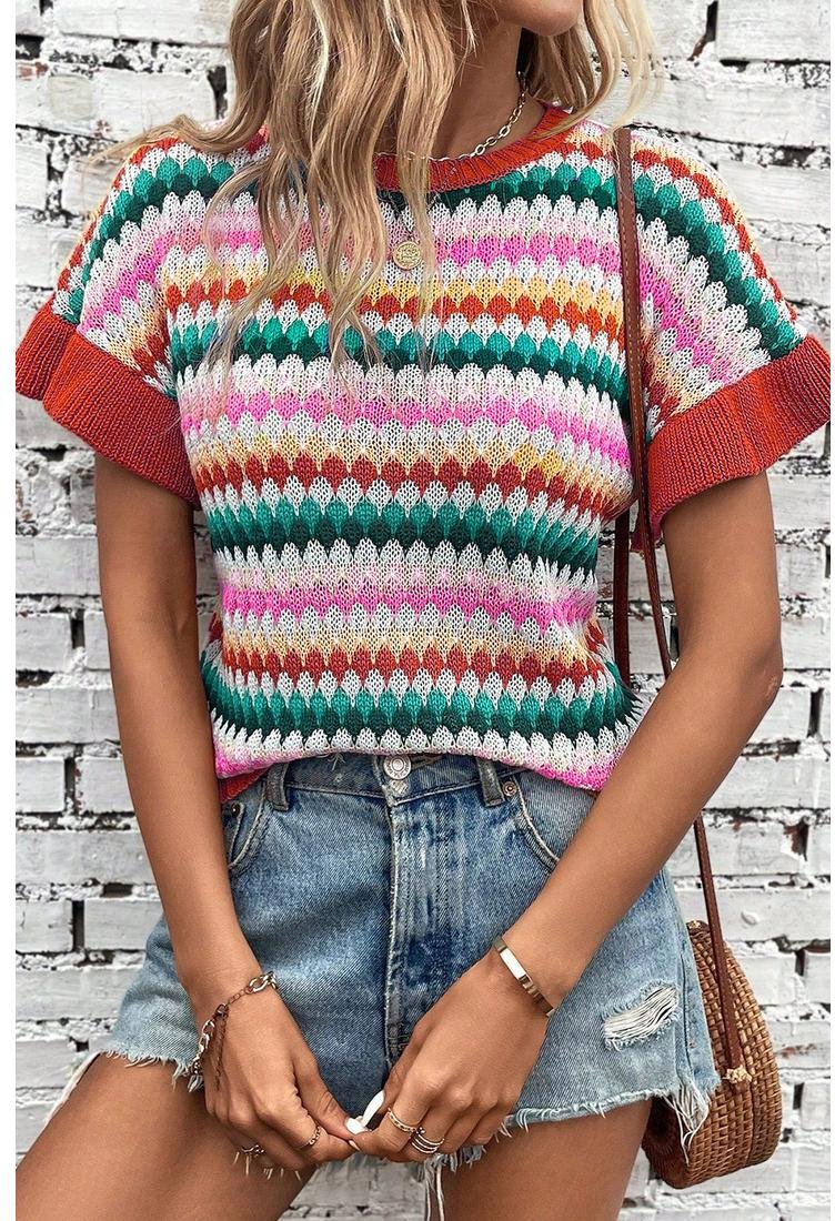 Thumbnail - Azura Exchange Feurig Rot Besetzter Rüschensleeve Bunter Strukturpullover