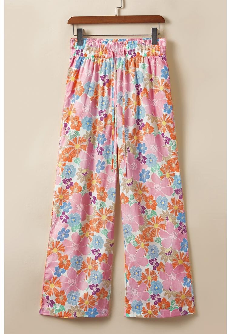 Thumbnail - Rosa Blumen Geraffte Taillenweite Lockere Hose