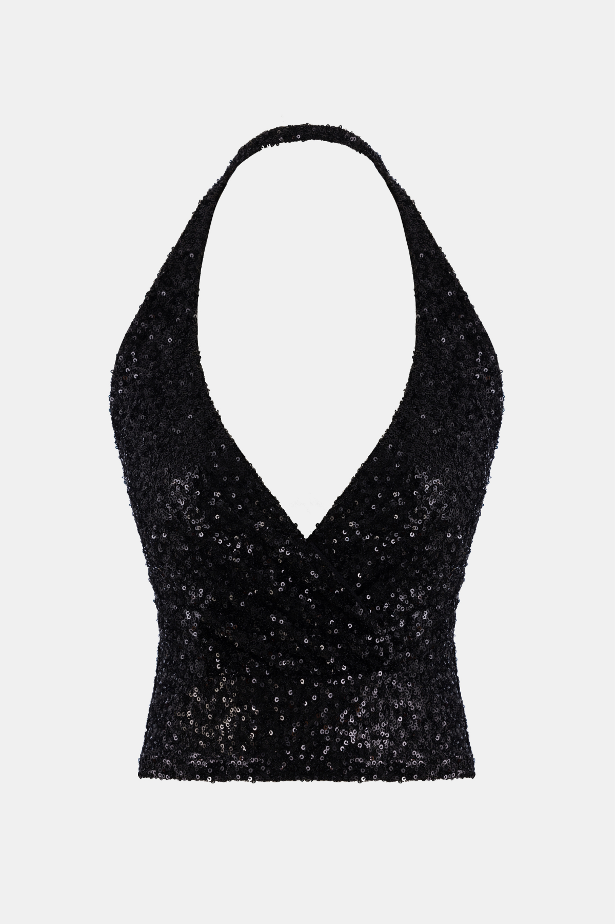 Thumbnail - Schwarze Pailletten V-Ausschnitt Rückendetail Damenbluse