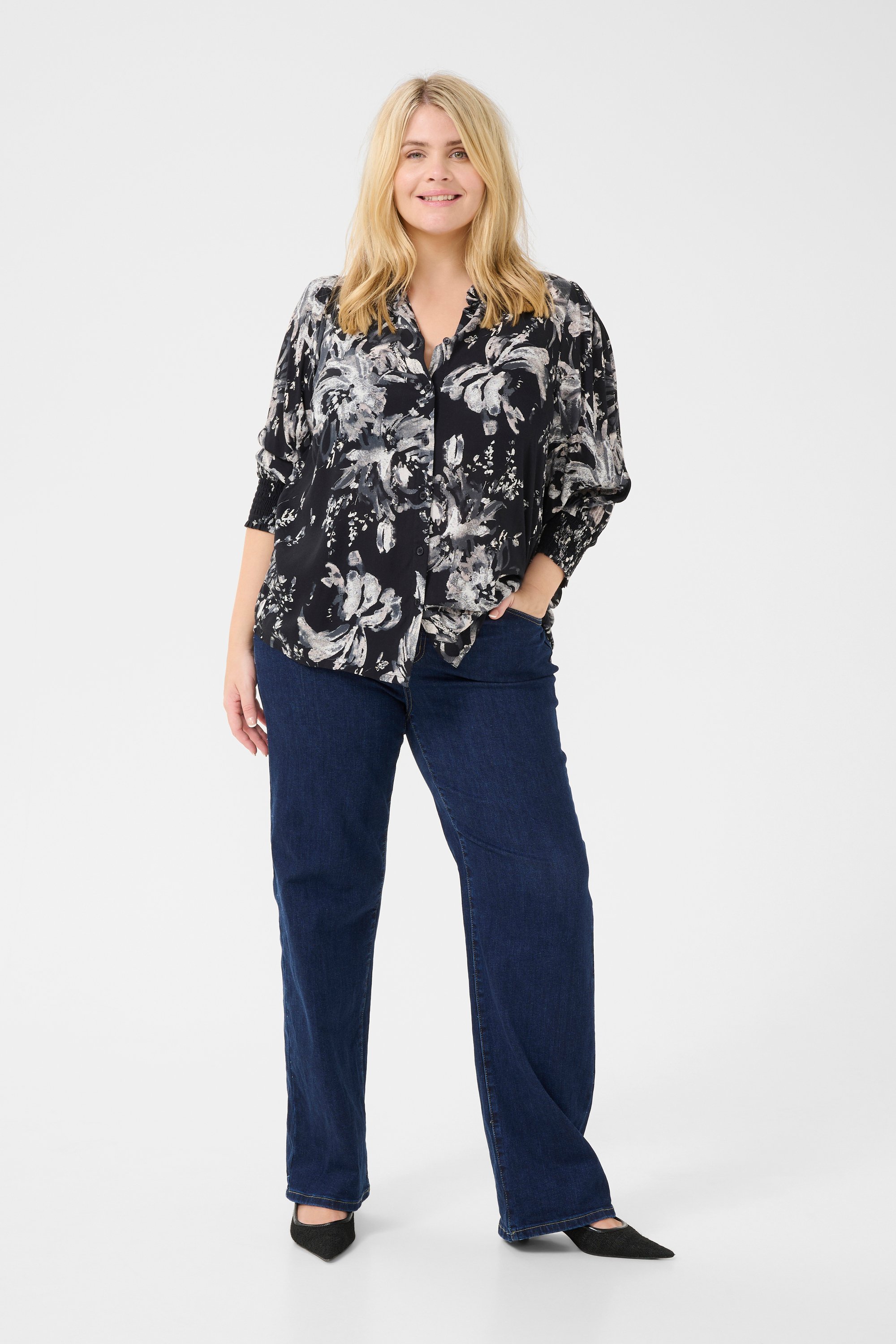 Thumbnail - Langarm - Hemd Regular fit Black/White Painted Flower black white