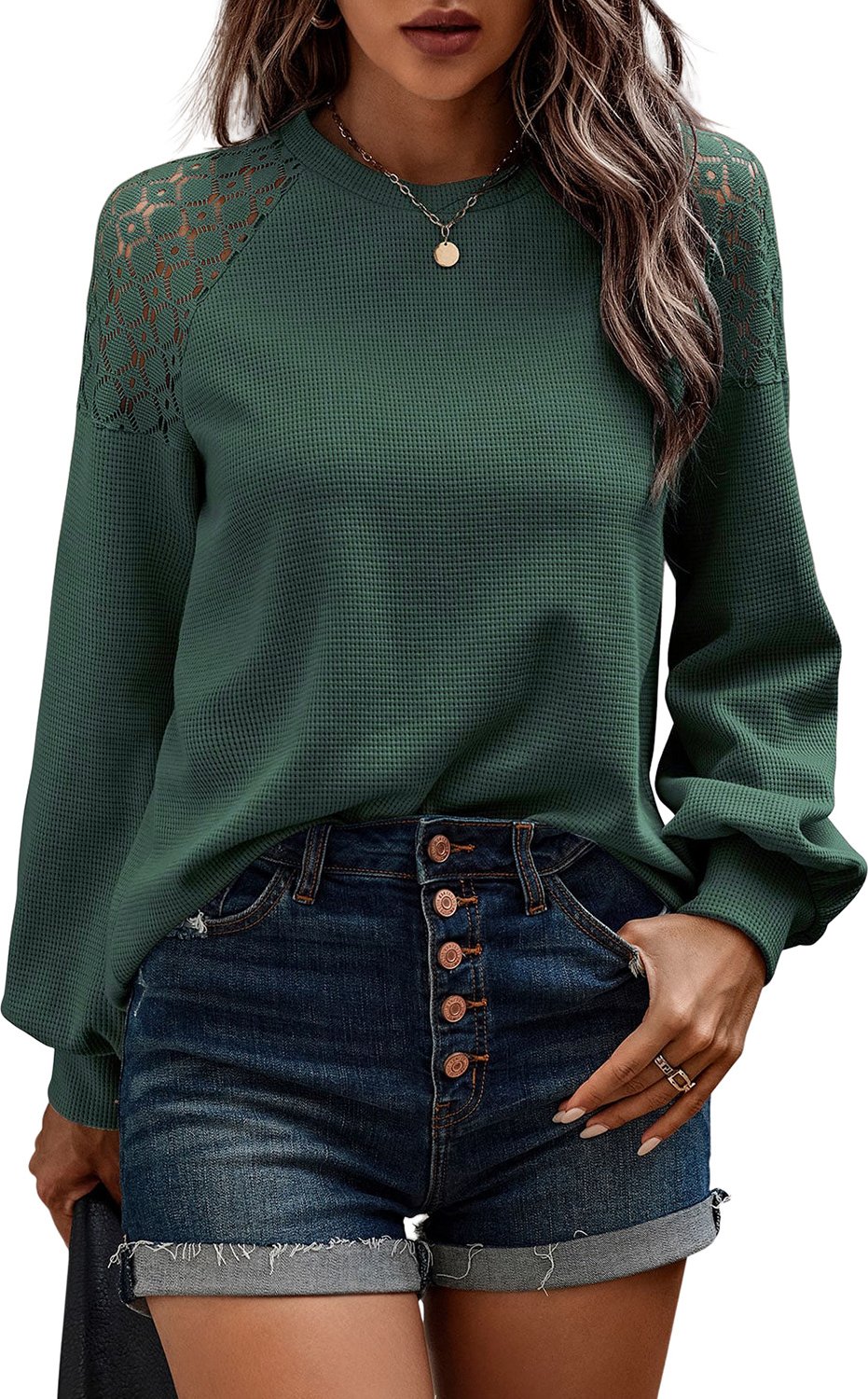 Grüner Spitzenpullover mit langem Arm und Struktur