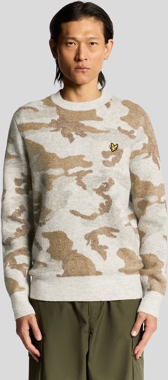 Lyle & Scott – Pullover mit Rundhalsausschnitt und gebürstetem Camouflage-Muster – Grau
