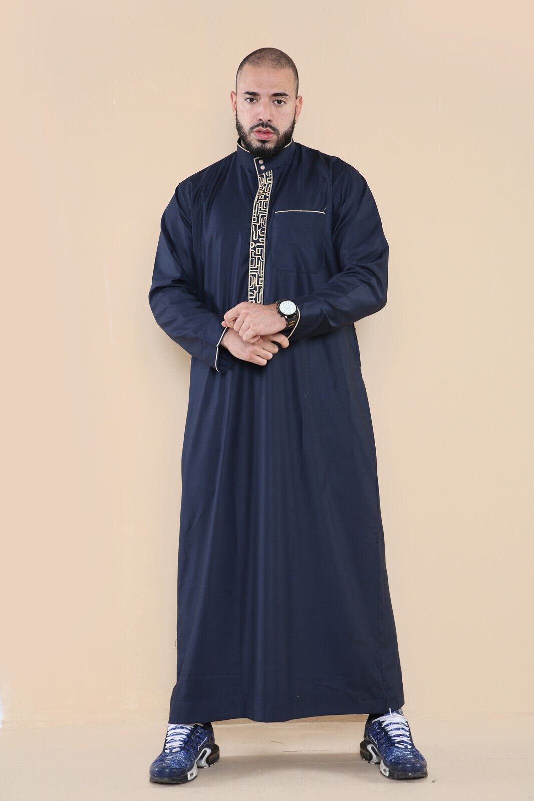 Herren Navy Thobe Jubba Emirati Islamische Arabische Eid Stickerei Kaftan Jubbah Robe