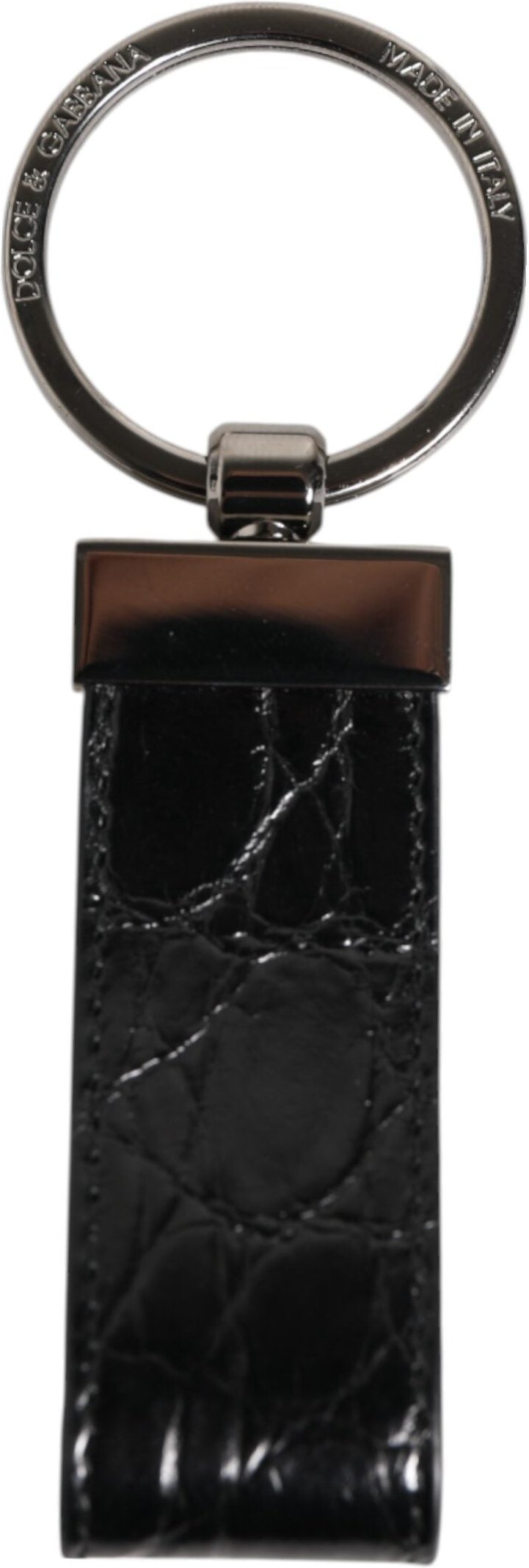 Dolce & Gabbana Schwarzer Leder-Logo-Metallring Schlüsselanhänger für Männer