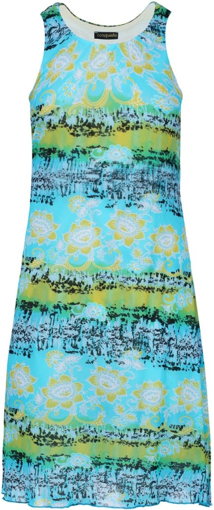 Thumbnail - Ärmelloses Sommerkleid – mehrfarbiger Blumendruck, transparenter Nylonüberzug, vollständig mit Baumwolle gefüttert