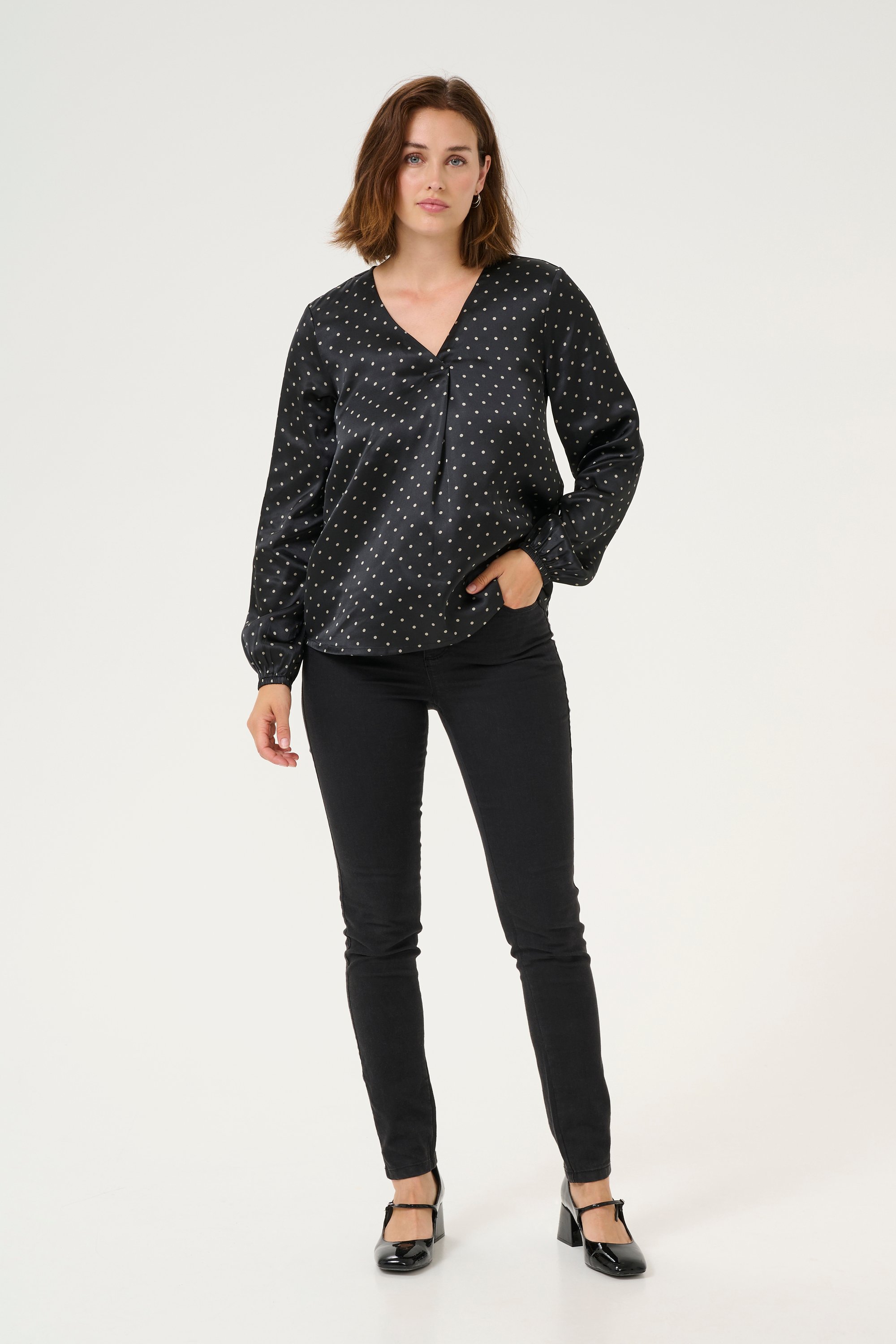 Thumbnail - Ärmellose Bluse Regular fit Black/Steeple Gray Dot black