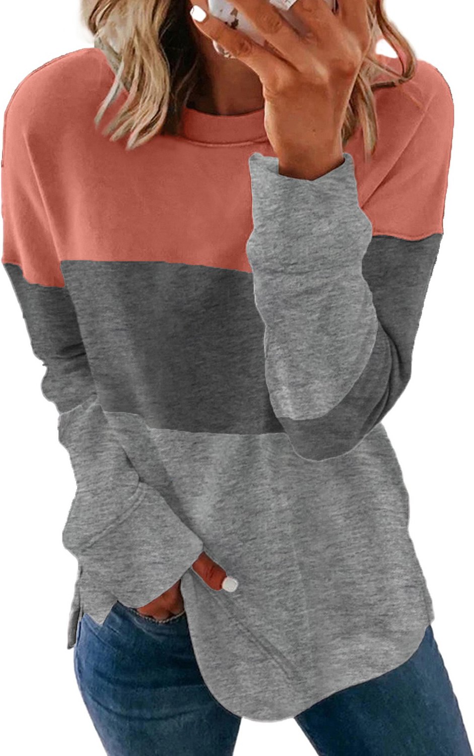 Colorblock Graues Sweatshirt mit Kontrastnähten und Schlitzen