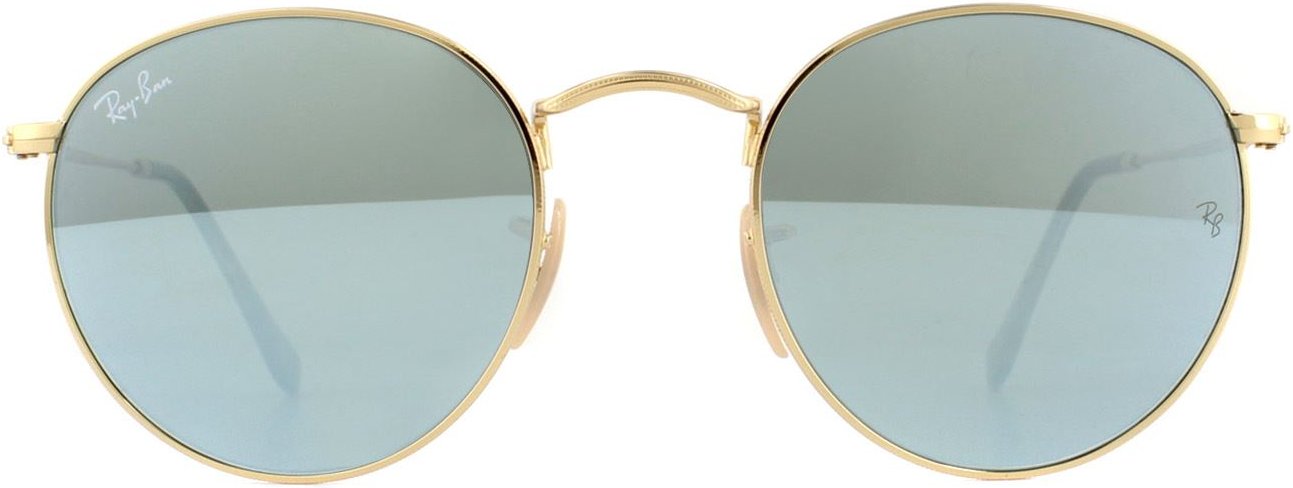 Lunettes De Soleil Ray-Ban Rond Lentilles Plates 3447N 001/30 Miroir Flash Gris Brillant Or 50mm