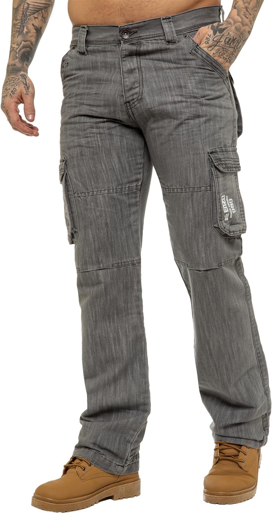 Enzo | Herren Cargo Combat Jeans - Grau