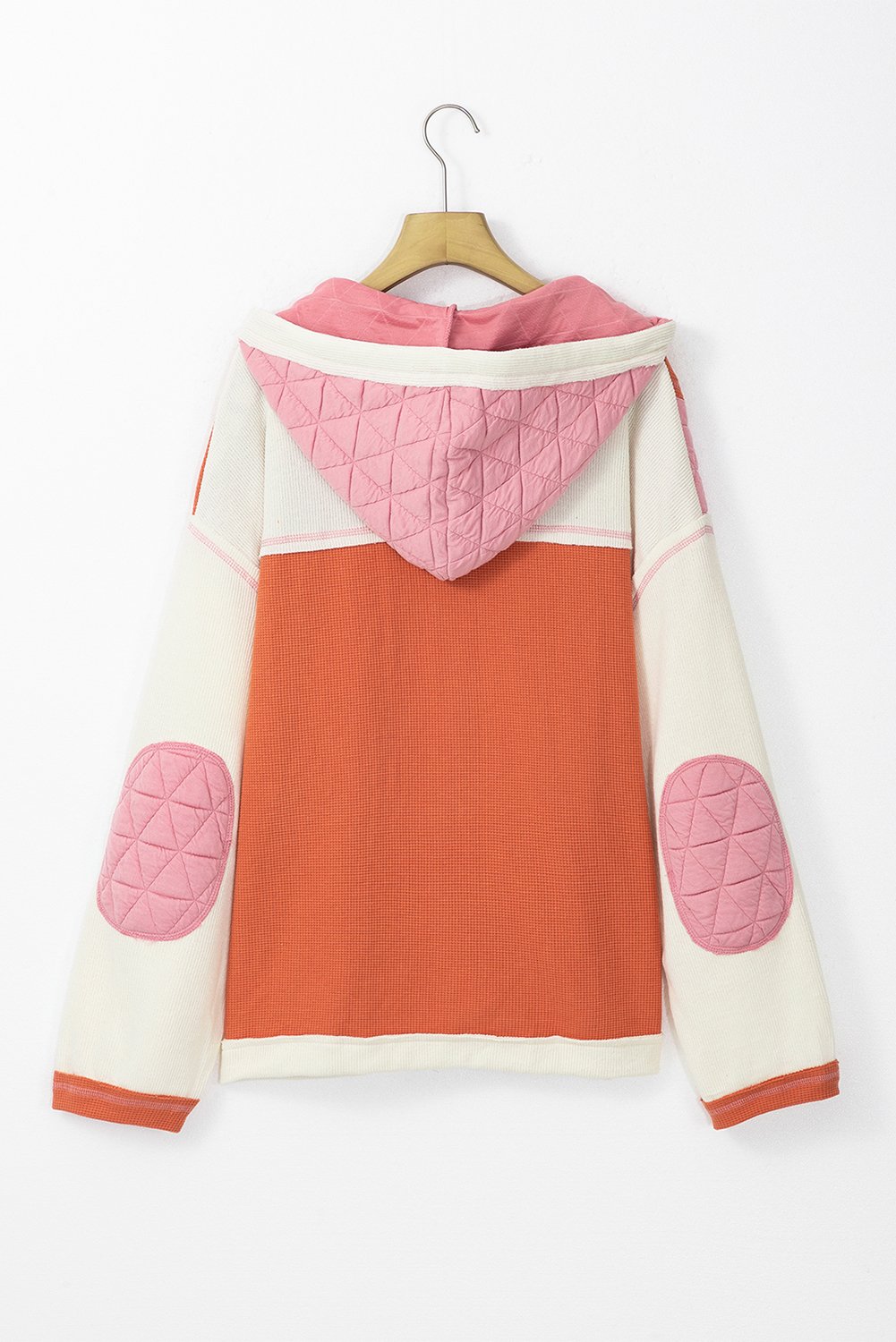 Thumbnail - Korallenfarbene gestepptes Texturiertes Patchwork Lockere Passform Kapuzenjacke