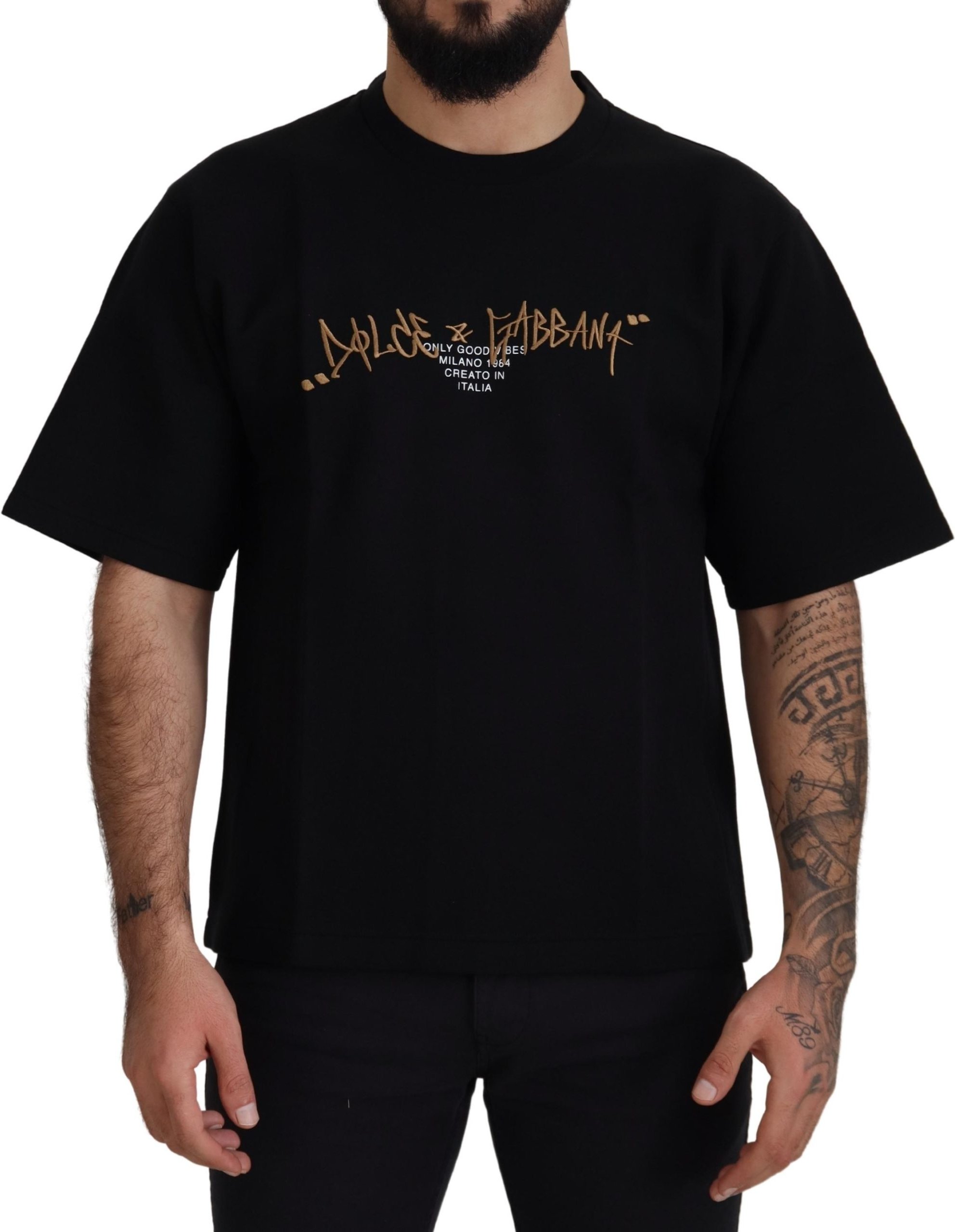 Dolce & Gabbana Schwarzes Logo Baumwoll Crewneck Herren T-Shirt