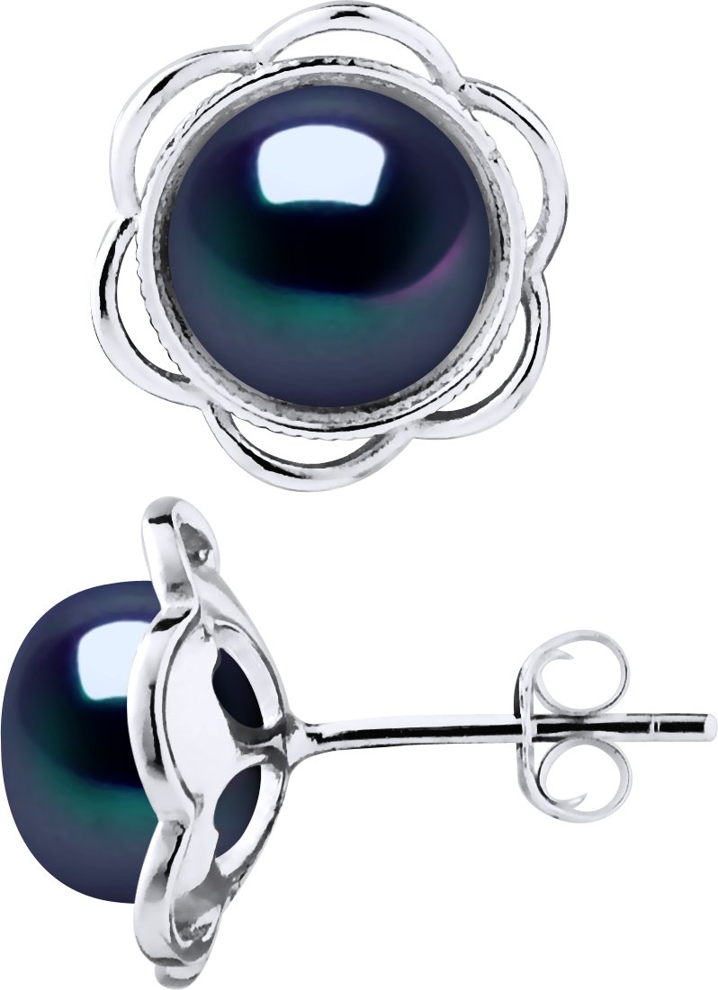 Ohrstecker FLOWER Perlen Süßwasser 8-9mm Schwarz Knöpfe 925