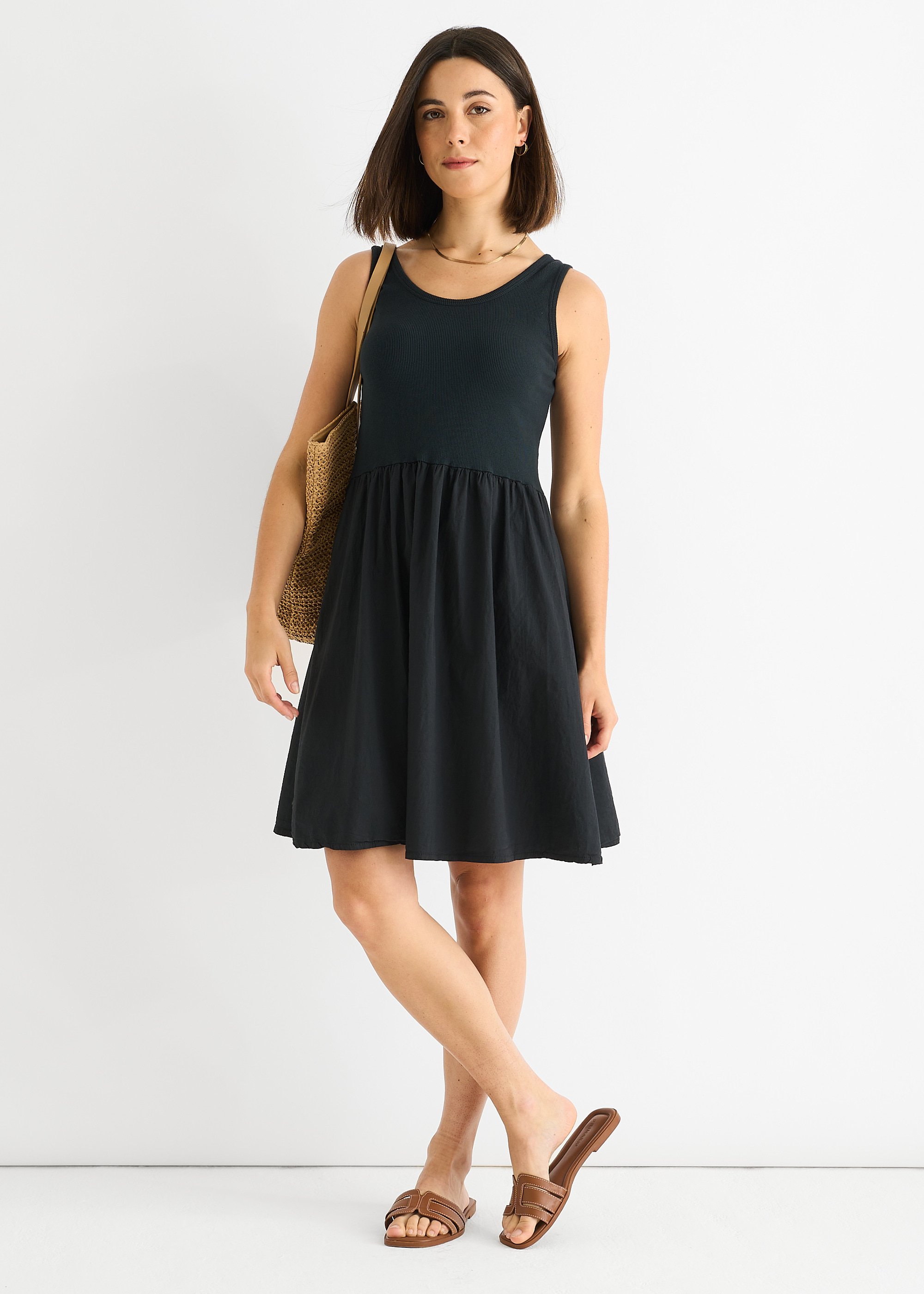 Schwarzes Baumwoll-Ripp-Top Skater-Minikleid