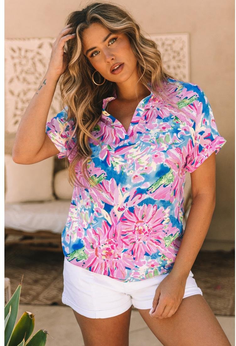 Thumbnail - Azura Exchange Damen Bluse mit abstraktem Blumenmuster und V-Ausschnitt in Pink