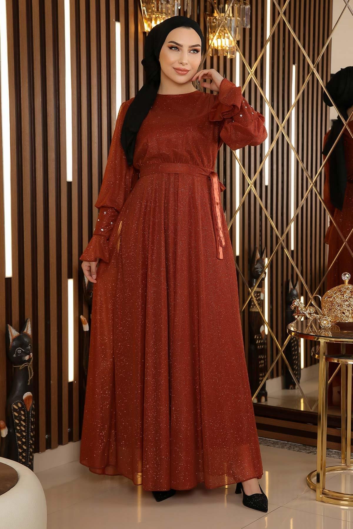 Thumbnail - ElbiseStein Detail Glitzer Chiffon Abendkleid